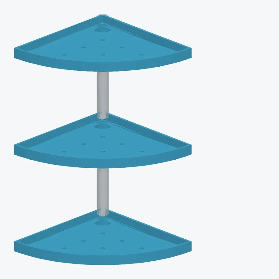 CAD render of a three-tier corner shelf: three blue quarter-circle trays with raised rims and small drain holes, stacked on a single gray vertical rod.