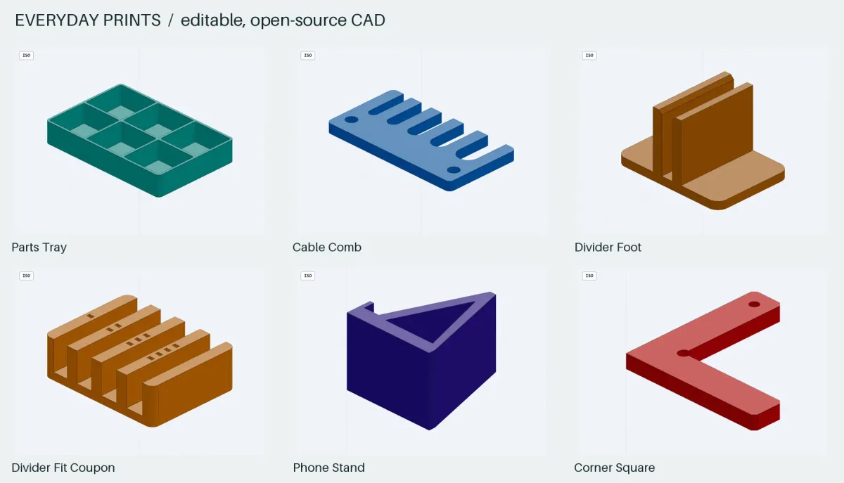 CAD renders of a divided parts tray, cable comb, divider foot, divider fit coupon, phone stand, and corner square.