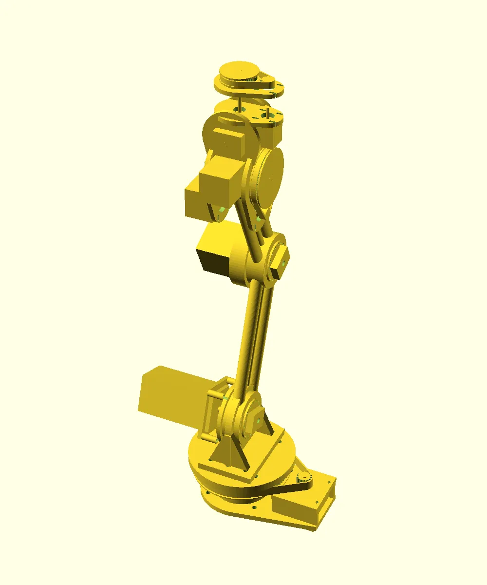 A rendered six-axis robot arm with a blue base, black carbon-tube links, and yellow pulley housings.